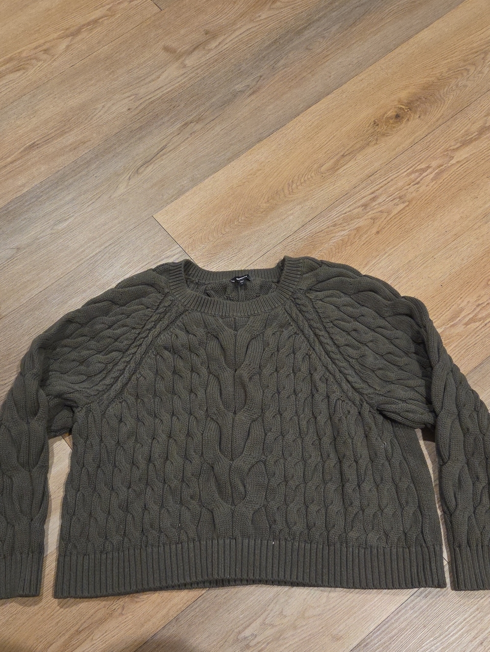 Express Men's Olive Green Cable Crewneck Sweater Cropped